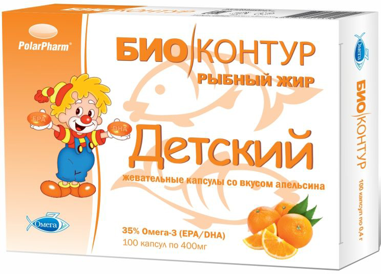 Детский рыбный жир БиоКонтур, со вкусом апельсина, мягкие жевательные капсулы 400 мг, №100GESS-131 Детский рыбный жир БиоКонтур, со вкусом апельсина, мягкие жевательные капсулы 400 мг, №100GESS-131Детский рыбный жир БиоКонтур со вкусом апельсина, мягкие жевательные капсулы, 400 мг №100 способствует укреплению иммунитета, способствует восстановлению организма после перенесенных заболеваний, способствует быстрому восстановлению организма после умственных и физических нагрузокСостав: жир океанических рыб, оболочка (глицерин (пластификатор), желатин, крахмал, вода, ароматизатор натуральный Апельсин, краситель натуральный (кармин и рибофлавин)), ароматизатор натуральный Апельсин, антиокислители (смесь токоферолов, аскорбил пальмитат)Товар не является лекарственным средством.Могут быть противопоказания и следует предварительно проконсультироваться со специалистом.