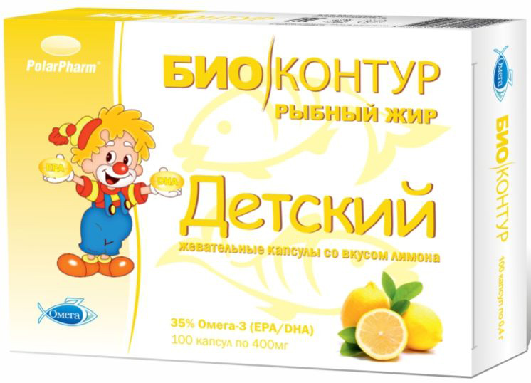 Детский рыбный жир БиоКонтур, со вкусом лимона, мягкие жевательные капсулы 400 мг, №100GESS-306 Детский рыбный жир БиоКонтур, со вкусом лимона, мягкие жевательные капсулы 400 мг, №100GESS-306Детский рыбный жир БиоКонтур со вкусом лимона, мягкие жевательные капсулы, 400 мг №100 способствует укреплению иммунитета, способствует восстановлению организма после перенесенных заболеваний, способствует быстрому восстановлению организма после умственных и физических нагрузокСостав: жир океанических рыб, оболочка (глицерин (пластификатор), желатин, крахмал, вода, ароматизатор натуральный Лимон), ароматизатор натуральный Лимон, антиокислители (смесь токоферолов, аскорбил пальмитат).Товар не является лекарственным средством.Могут быть противопоказания и следует предварительно проконсультироваться со специалистом.