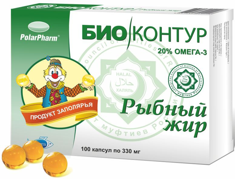 Рыбный жир БиоКонтур, (Халяль), в капсулах по 330 мг, № 1004607097012228 Рыбный жир БиоКонтур, (Халяль), в капсулах по 330 мг, № 1004607097012228Рыбный жир БиоКонтур (Халяль) в капсулах по 330 мг, № 100 рекомендуется для улучшения работы сердечно-сосудистой системы; оказывает комплексное благоприятное воздействие на организм; помогает стимулировать работу центральной нервной системы, улучшает работу мозга и память. Состав: жир океанических рыб, оболочка (желатин, глицерин (пластификатор), вода), смесь токоферолов (антиокислитель)Товар не является лекарственным средством.Могут быть противопоказания и следует предварительно проконсультироваться со специалистом.
