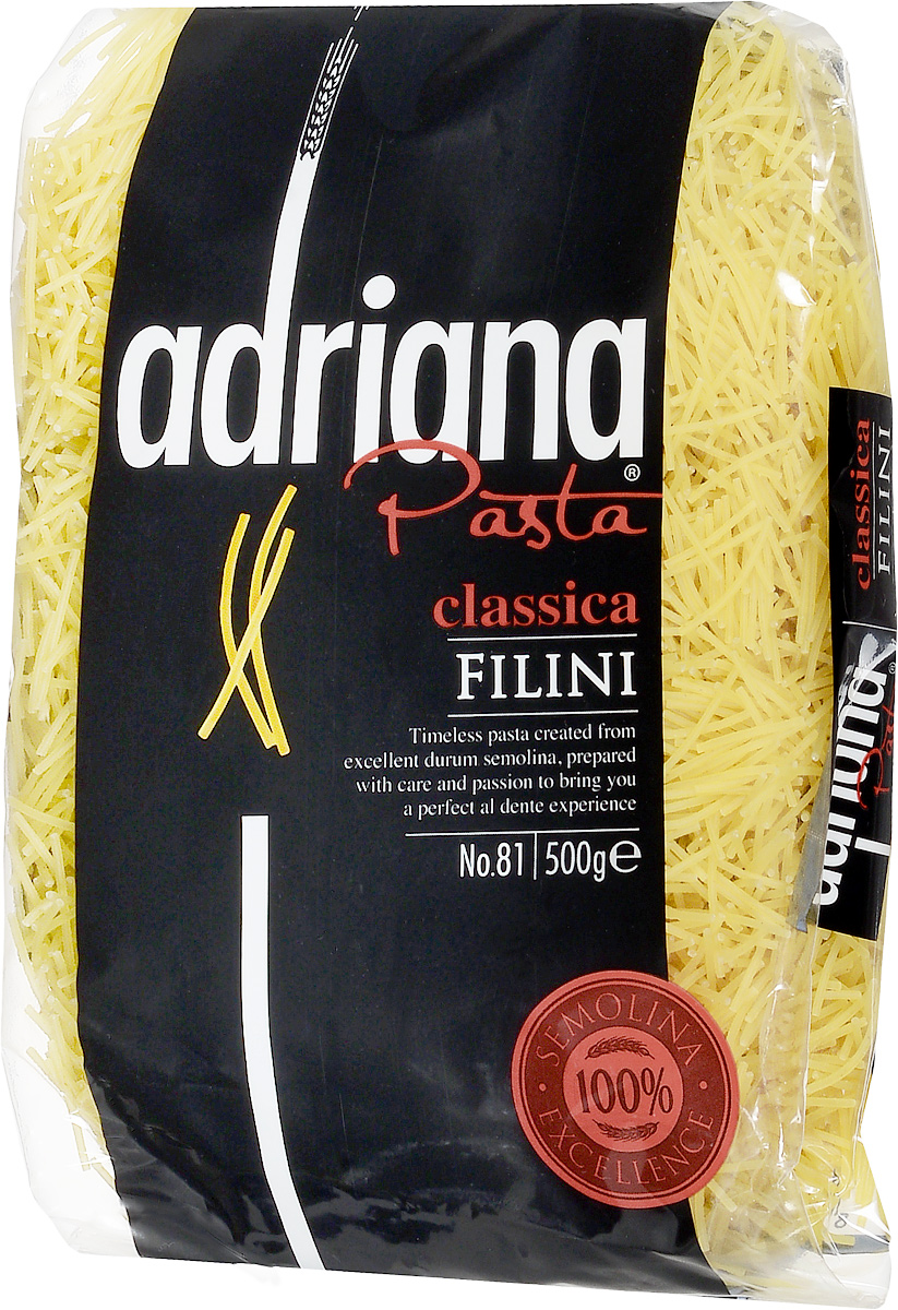 Adriana Filini паста, 500 г0120710 Adriana Filini паста, 500 г0120710Adriana - высококачественная паста из 100% семолины. Только 100% семолина или качественная мука из специальных твердых сортов пшеницы гарантирует, что паста, даже после превышения рекомендуемого времени приготовления, не разварится и не слипнется после охлаждения. Рекомендуется использовать для детского супчика.