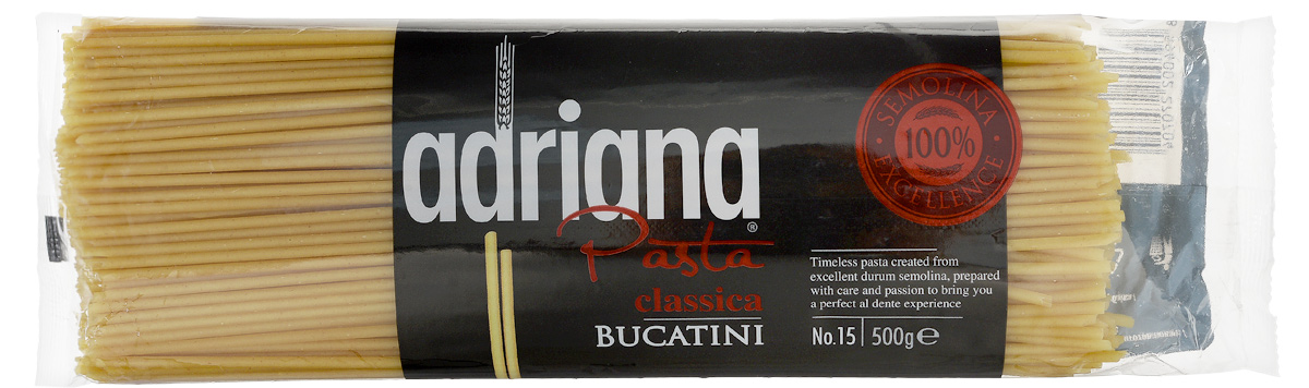 Adriana Bucatini паста, 500 г0120710 Adriana Bucatini паста, 500 г0120710Adriana - высококачественная паста из 100% семолины. Только 100% семолина или качественная мука из специальных твердых сортов пшеницы гарантирует, что паста, даже после превышения рекомендуемого времени приготовления, не разварится и не слипнется после охлаждения. Bucatini или, как принято их называть в России, макароны. Благодаря отверстиям в середине макарон, вас ждет исключительное вкусовое наслаждение. Соус попадает внутрь макаронных изделий именно в процессе приготовления. Они так великолепны в легком сочетании с любым соусом, в том числе и с низким содержанием жира.
