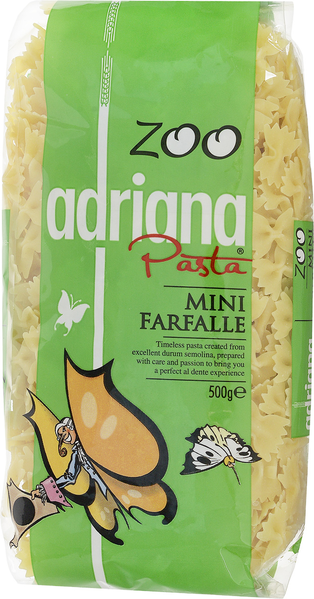 Adriana Mini Farfalle паста, 500 г0120710 Adriana Mini Farfalle паста, 500 г0120710Все дети любят макароны по одной простой причине - их можно не только есть, но и играться с ними, со свистом втягивая в себя, накручивая на вилку, строя в тарелке пирамиды. Компания Adriana учла это и разработала специальную серию пасты для малышей Zoo.Известно, что любое блюдо приносит большую пользу организму, если пища принимается с хорошим настроением. Особенно это касается детей, которым важно, чтобы еда, прежде всего, была привлекательна внешне. Поэтому, готовя детям даже обычные макароны, можно проявлять творчество и фантазию в оформлении блюд, и дети будут кушать с удовольствием! Многие родители пользуются этим, с радостью включая в рацион детей этот питательный продукт.Детские макароны произведены из муки твердых сортов пшеницы и воды, не содержат искусственных составляющих. Эти маленькие макароны оригинальной формы в яркой упаковке не оставят равнодушными ни малышей, ни их мам. Благодаря высокому содержанию растительного белка, витаминов группы В и витамина F они являются важной частью полноценного детского рациона и идеальным источником энергии для вашего малыша. Три в одном - накормиться, развлечься, научиться!