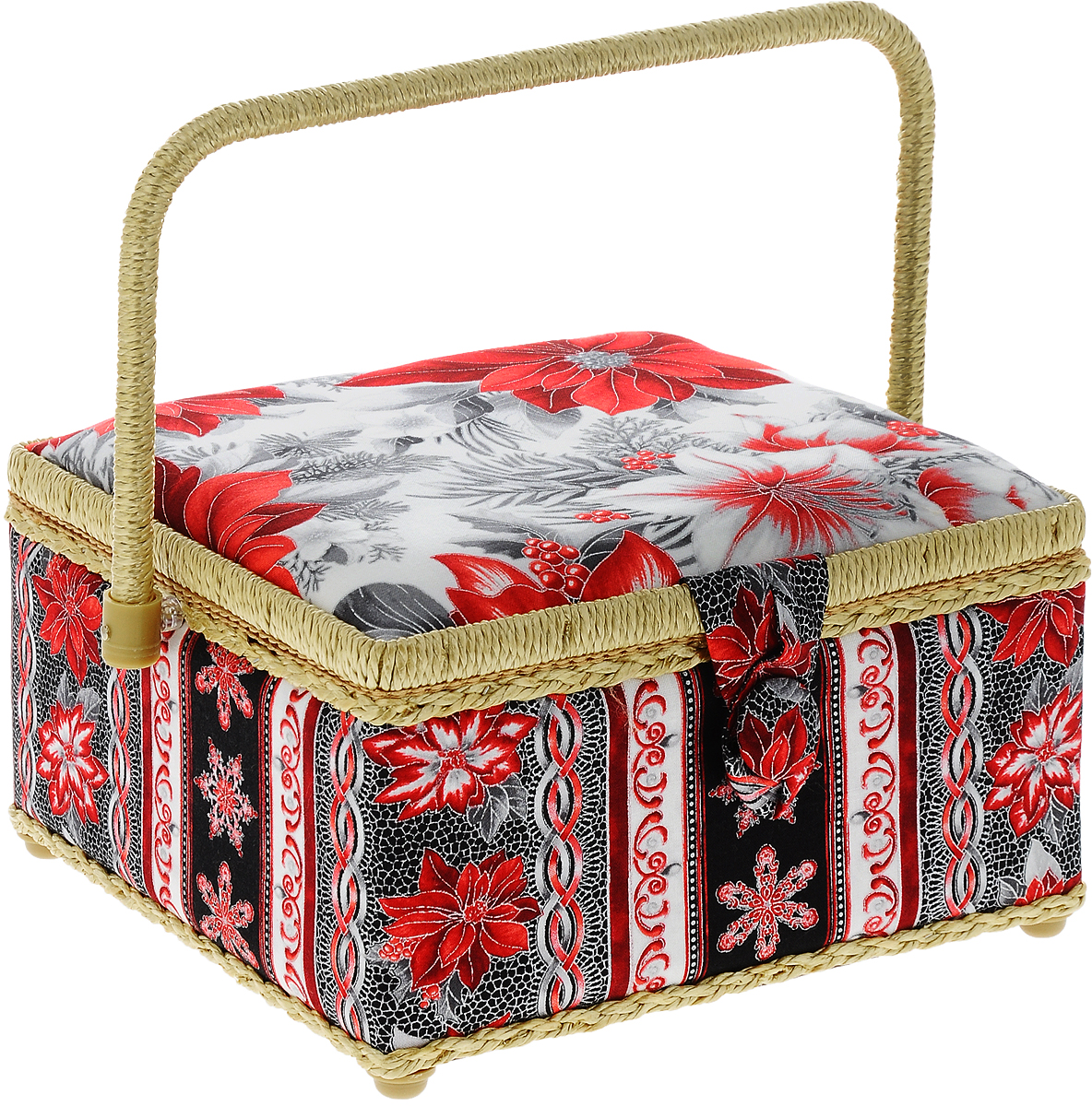Шкатулка для рукоделия Grace & Glamour Рождественские цветы с серебром, 23,5 х 23,5 х 14,5 см28907 4 Шкатулка для рукоделия Grace & Glamour Рождественские цветы с серебром, 23,5 х 23,5 х 14,5 см28907 4Шкатулка для рукоделия Grace & Glamour Рождественские цветы с серебром, выполненная из пластикового каркаса, обтянута тканью с мягким наполнителем. Крышка закрывается на магнитный замок. Внутри шкатулки одно вместительное отделение. Внутренняя сторона крышки оснащена 1 карманом на резинке и круглой игольницей. Шкатулка снабжена съемным пластиковым вкладышем с 3 секциями для хранения различных мелочей. Такаяоригинальная шкатулка подойдет для хранения разных предметов рукоделия: ниток,иголок, бусин, кнопок и многого другого. Шкатулка Grace & Glamour Рождественские цветы с серебром будет предметомгордости ее обладательницы.Размер шкатулки (без учета ручки): 23,5 х 23,5 х 14,5 см. Размер вкладыша: 20,5 х 20,5 х 3 см.Средний размер секций вкладыша: 9 х 9 х 3см.Высота шкатулки (с учетом ручки): 24,5 см