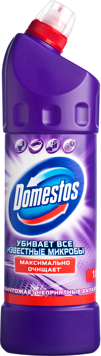 Domestos Чистящее средство Двойная сила, универсальное, свежесть лаванды, 1 л68/5/1 Domestos Чистящее средство Двойная сила, универсальное, свежесть лаванды, 1 л68/5/1Универсальное чистящее средство Domestos Двойная сила. Свежесть лаванды подходит для уборки раковин и ванн, кафеля, пола, унитаза, сливов и водостоков на кухне и в ванной. Чистит до блеска, дезинфицирует и отбеливает. Domestos не только очищает поверхности, но и помогает бороться со всеми известными микробами - в том числе, вызывающими опасные заболевания, обеспечивая свежий аромат. Густой, многофункциональный, экономичный и невероятно эффективный. Среди средств для туалетов Domestos - бесспорный лидер, благодаря густой формуле и удобной форме бутылки.Нельзя забывать, что гигиена важна не только в туалете, но и в ванной. Влага и тепло - идеальные условия для размножения бактерий, грибка, плесени. Регулярное использование небольшого количества Domestos на мокрой тряпке или губке в ванной убирает мыльной осадок, темные пятна, дезинфицирует поверхности. Domestos безопасен. При надлежащем использовании Domestos абсолютно безвреден как для людей, так и для окружающей среды: содержащееся в нем активное дезинфицирующее вещество сразу после применения распадается на безопасные компоненты. Состав: менее 5%: гипохлорит натрия, анионные ПАВ, неионогенные ПАВ, мыло, отдушка.Товар сертифицирован.