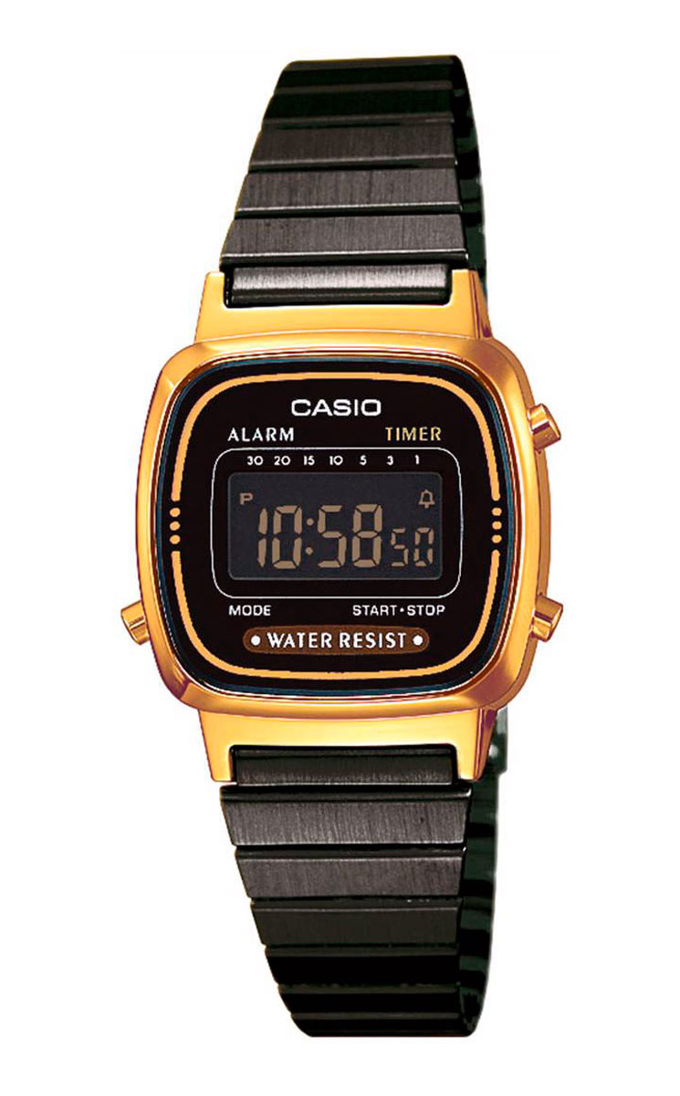 Часы наручные женские Casio Collection, цвет: золотой, черный. LA670WEGB-1BBM8434-58AE Часы наручные женские Casio Collection, цвет: золотой, черный. LA670WEGB-1BBM8434-58AEАвтоматический календарь. Секундомер с точностью показаний 1/10 сек и максимальным временем измерения - 1 час. Таймер обратного отсчета. Ежедневный будильник со звуковым сигналом. Автоматический календарь. Срок службы батареи 2 года. Браслет из нержавеющей стали. Размыкающийся замок с быстрой регулировкой длины браслета. Размеры корпуса 30,3 мм (по оси заводной головки) х 24,6 мм (по вертикали) х 7,3 мм (толщина) / 27,8 грамм.