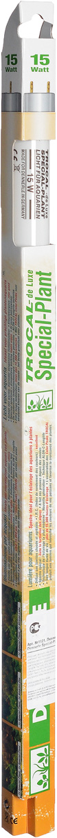 Лампа люминесцентная Dennerle Special Plant, Т8, 15 Вт, длина 43,8 см0120710 Лампа люминесцентная Dennerle Special Plant, Т8, 15 Вт, длина 43,8 см0120710Люминесцентная лампа Dennerle Special Plant предназначена для освещения пресноводных аквариумов. Лампа покрыта UV-стоп защитной пленкой для предотвращения роста водорослей. Создает гармоничную световую атмосферу в аквариуме, имеет оптимальный спектр для фотосинтеза и идеальную цветовую температуру, обеспечивая пышный рост всех аквариумных растений. Благодаря высокой степени цветопередачи рыбы и растения освещаются в самых выигрышных тонах. Люминесцентная лампа Dennerle Special Plant обладает специальными спектрально-цветовыми пиками (COLAR Color-Peaks). Лампа изготовлена по новейшей технологии Longlife-Technik, что гарантирует свыше 15000 часов работы.