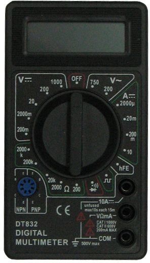 Мультиметр ТЕК DT 832CA-3505 Мультиметр ТЕК DT 832CA-3505Постоянное напряжение 200м-2000м-20-200-1000 VПостоянный ток 2м-20м-200м-10А+/-1,2% АСопротивление 200-2к-20к-200к-2М-20М-200МОм+/-1,0% мОмРабочая температура 0/+40 °С