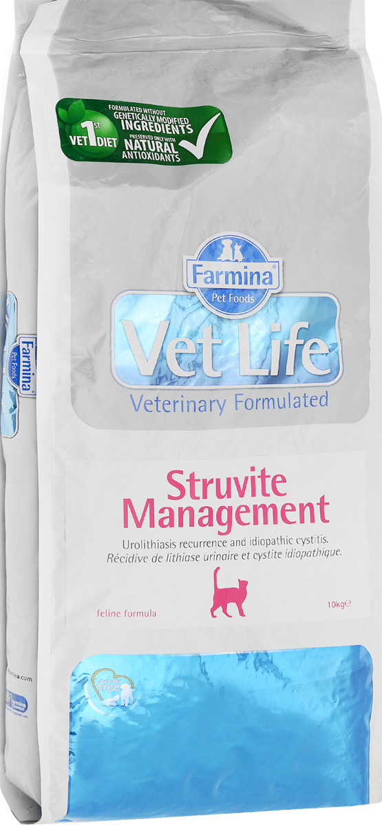 Корм сухой диетический Farmina Vet Life для кошек, для лечения и профилактики рецидивов струвитного уролитиаза и идиопатического цистита, 10 кг0120710 Корм сухой диетический Farmina Vet Life для кошек, для лечения и профилактики рецидивов струвитного уролитиаза и идиопатического цистита, 10 кг0120710Сухой корм Farmina Vet Life - это диетическое полнорационное и сбалансированное питание кошек для лечения и профилактики рецидивов струвитного уролитиаза и идиопатического цистита.Низкое содержание белка, кальция, фосфора и магния создает неблагоприятные условия для агрегации и кристаллизации осадка в моче. Добавка DL-метионина и хлорида аммония создает и поддерживает рН мочи, который способствует растворению и препятствует повторному образованию струвитов. Создаются неблагоприятные условия для размножения бактерий в мочевом пузыре.Товар сертифицирован.
