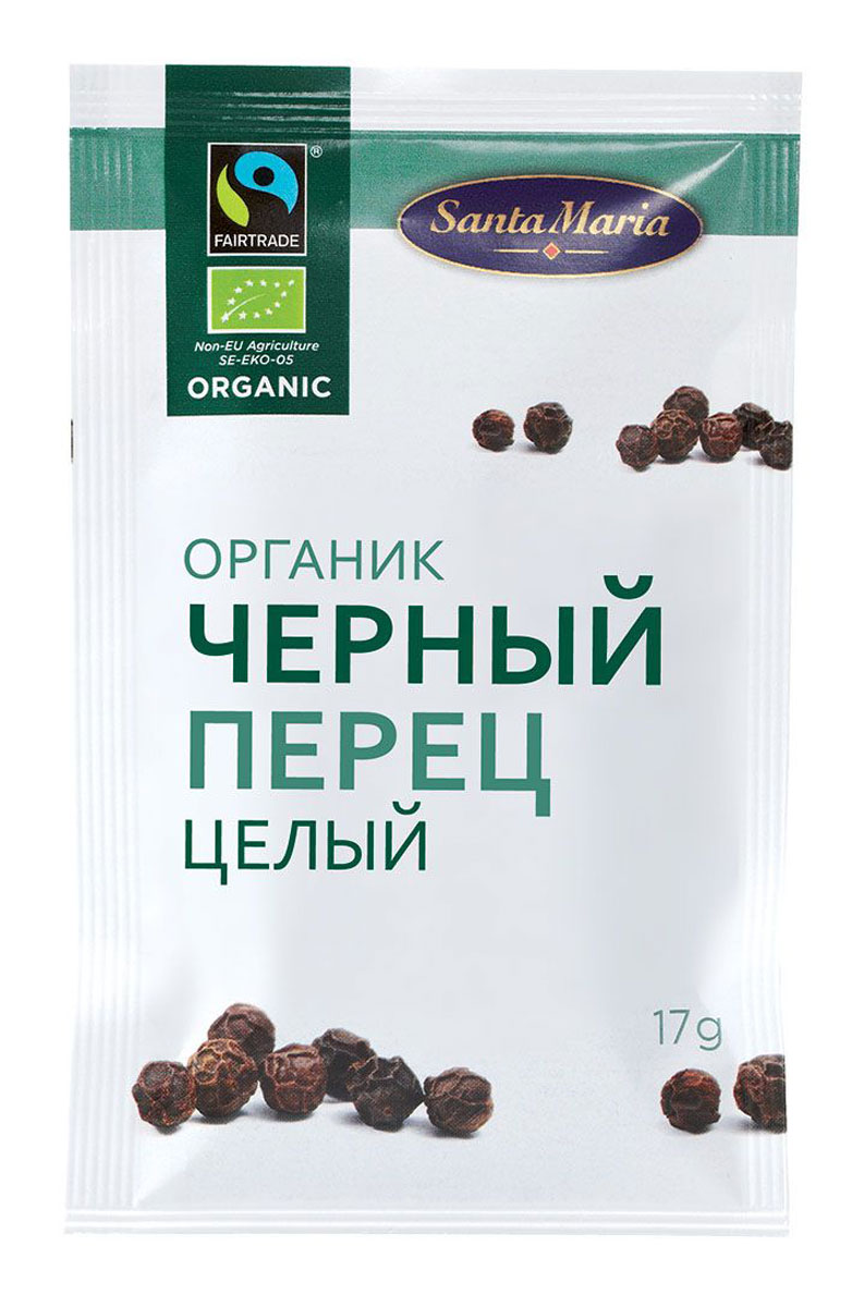 Santa Maria Черный перец целый Органик, 17 г0120710 Santa Maria Черный перец целый Органик, 17 г0120710Пряности Santa Maria выращены в естественных условиях без использования химических удобрений и пестицидов.Черный перец часто используется при консервировании, приготовлении рыбных и тушеных блюд, а также супов. Лучше измельчить горошины перца непосредственно перед едой, что позволит ощутить максимальный аромат пряности.