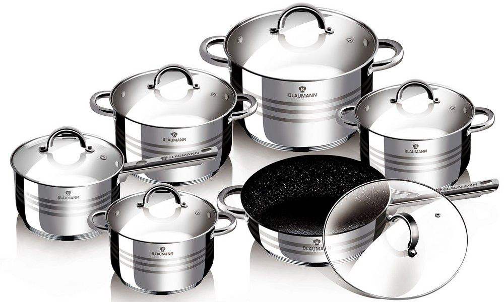 Набор посуды Blaumann Gourmet Line, 12 предметов. 3151-BL115510 Набор посуды Blaumann Gourmet Line, 12 предметов. 3151-BL115510Набор посуды 12 пр, Материал: нержавеющая сталь, глянцевая поверхностьВключают в себя: Кастрюля с крышкой 24x14,5 см, 6,5лКастрюля с крышкой 20х12,5 см, 3,9лКастрюля с крышкой 18x11,5 см, 2,5лКастрюля с крышкой 16x10,5 см, 2,1лКовш с крышкой 16x10,5 см, 2,1лСковорода с мраморным покрытием и крышкой 24х7,5 см , упаковка: коробка