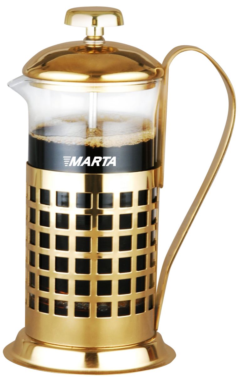 Френч-пресс Marta, 350 мл115510 Френч-пресс Marta, 350 мл115510Френч-пресс Marta – идеальный кухонный прибор для быстрого заваривания кофе или чая. Молотый кофе или сухие чайные листья засыпаются в френч-пресс, заливаются кипятком, а затем накрываются съемным фильтром и крышкой. Крепость напитка контролируется при помощи съемного фильтра, который в процессе заваривания имеет функцию пресса и тем самым гарантирует насыщенный вкус и аромат напитка.Корпус выполнен из жаропрочного стекла, который выдерживает значительные перепады температуры, не выделяет примесей и сохраняет все свойства воды, а разборная конструкция френч-пресса облегчает уход. Подставка из матовой нержавеющей стали декорирована оригинальной перфорацией.Френч-пресс Marta – элегантный и практичный аксессуар, с помощью которого можно быстро и без особых усилий получить свежезаваренный бодрящий напиток и сохранить активность в течение всего дня.