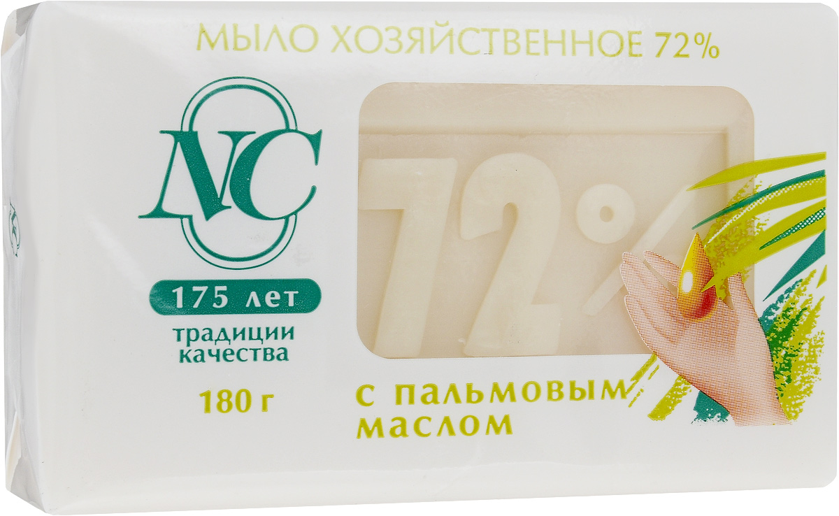 Мыло хозяйственное 72%, с пальмовым маслом, 180 г106-026 Мыло хозяйственное 72%, с пальмовым маслом, 180 г106-026Мыло хозяйственное 72% подходит для ручной стирки изделий из всех типов тканей.Обладает мягким воздействием на кожу.Дает обильную пену даже в холодной воде. Подходит для стирки, уборки, мытья посуды и мытья рук. Имеет в составе косметическую добавку, которая увлажняет кожу рук. Товар сертифицирован.