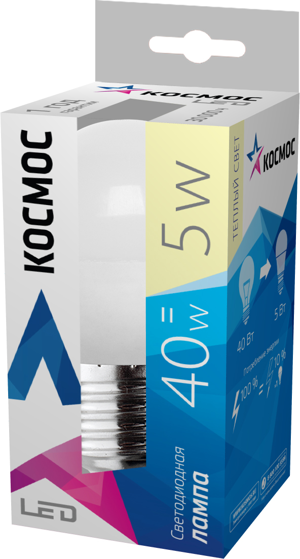 Светодиодная лампа Kosmos, теплый свет, цоколь E27, 5W, 220VRSP-202S Светодиодная лампа Kosmos, теплый свет, цоколь E27, 5W, 220VRSP-202SСветодиодная лампа КОСМОС LED GL45 5Вт 220В E27 3000K (Lksm LED5wGL45E2730) с цоколем Е27 и матовым плафоном. Для стопроцентной яркости требуется 0,05 секунды. Номинальное напряжение для лампы – 220 Вольт. Обладает световым потоком в 350 Лм и полноценно заменяет лампу накаливания в 40W.