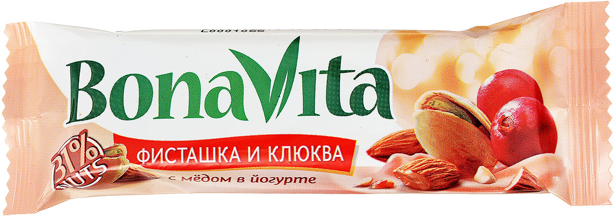 Bona Vita Батончик ореховый Фисташка, клюква и мед в йогурте, 35 г0120710 Bona Vita Батончик ореховый Фисташка, клюква и мед в йогурте, 35 г0120710Ореховые батончики Bona Vita выпускаются отечественным производителем в соответствии с европейскими стандартами качества и безопасности. Они сочетают в себе полезные свойства различных орехов (миндаль, грецкий орех, фисташки, арахис, бразильский орех, кокос), сваренных с медом и фруктозой, с добавлением злаков и сушеных фруктов. Сверху они покрываются шоколадной или йогуртовой глазурью. Ореховые батончики Bona Vita - это полезное и вкусное лакомство для всей семьи!Уважаемые клиенты! Обращаем ваше внимание, что полный перечень состава продукта представлен на дополнительном изображении.