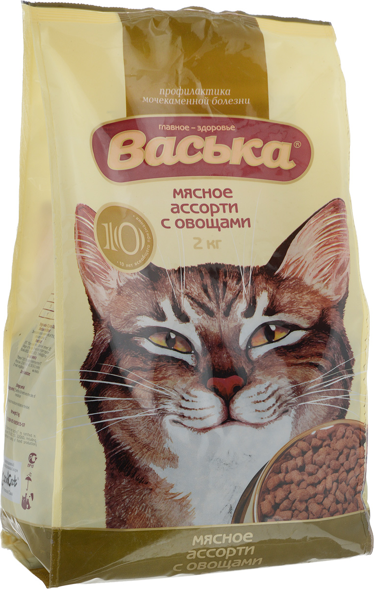 Корм сухой для кошек Васька, для профилактики мочекаменной болезни, мясное ассорти и овощи, 2 кг0120710 Корм сухой для кошек Васька, для профилактики мочекаменной болезни, мясное ассорти и овощи, 2 кг0120710Корм Васька рекомендуется для кормления взрослых кошек, особенно кастрированных котов и стерилизованных кошек, а также пород кошек, предрасположенных к возникновению мочекаменной болезни. Корм, понижающий уровень PH, способствует оптимальному содержанию кислоты в моче кошек, обеспечивает здоровое функционирование мочеполовых путей животного. Источник линолевой кислоты и надлежащий уровень витаминов группы В благотворно влияет на кожу и шерсть животного, а также позволяет держать в норме вес и избежать ожирения. Корм произведен из натурального мяса говядины, курицы, телятины и содержит полезные субпродукты (сердце, печень). Корм богат незаменимыми антиоксидантами, белками, содержит оптимальное количество жиров. Морковь, свекла и другие овощи обеспечивают всеми необходимыми витаминами, микро- и макроэлементами и поддерживают естественный баланс кишечной микрофлоры. Состав вкусен и полезен.Товар сертифицирован.