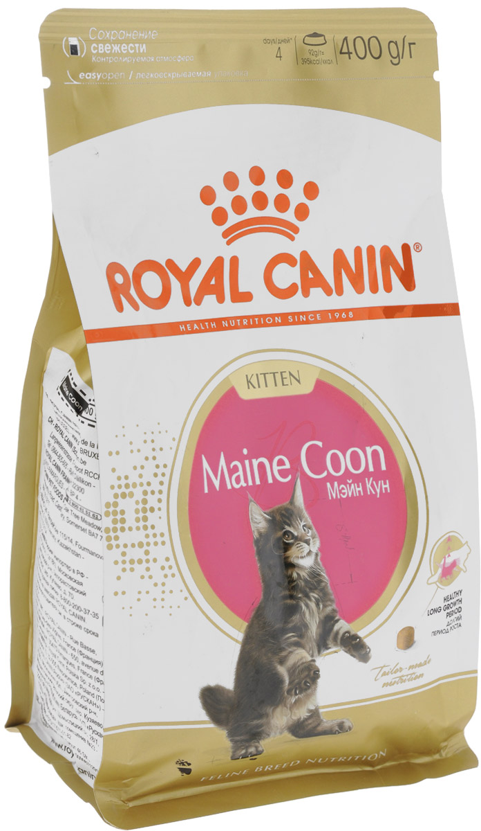 Корм сухой Royal Canin Maine Coon Kitten для котят породы мейн-кун в возрасте от 3 до 15 месяцев, 400 г. 9410120710 Корм сухой Royal Canin Maine Coon Kitten для котят породы мейн-кун в возрасте от 3 до 15 месяцев, 400 г. 9410120710Royal Canin Maine Coon Kitten - это полноценный сухой корм для котят породы мейн-кун в возрасте от 3 до 15 месяцев.Фаза роста котят мейн-куна более продолжительна, чем у кошек других пород. В силу своей особой комплекции котенок породы мейн-кун достигает зрелости только к 15 месяцам или даже позже. Длительный период роста означает, что диета для котят должна отвечать их специфическим потребностям в энергии: это обеспечит гармоничное и сбалансированное развитие. Корм Royal Canin Maine Coon Kitten создан для сбалансированного развития котенка и содержит все необходимые компоненты, а именно:- адаптированное содержание энергии и белков, а также баланс витаминов и минеральных веществ (в том числе витамина D, кальция и фосфора), которые помогают поддерживать развитие костей и суставов для гармоничного роста,- высокоусвояемые белки (L.I.P.*) и пребиотики, они поддерживают баланс кишечной микрофлоры,- комплекс антиоксидантов, включающий витамин Е, усиливает естественные защитные механизмы организма.А крокеты кубической формы адаптированы для массивных челюстей котят породы мейн-кун. Такие крокеты котенку приходится тщательно разгрызать, что позволяет поддерживать гигиену ротовой полости.Товар сертифицирован.