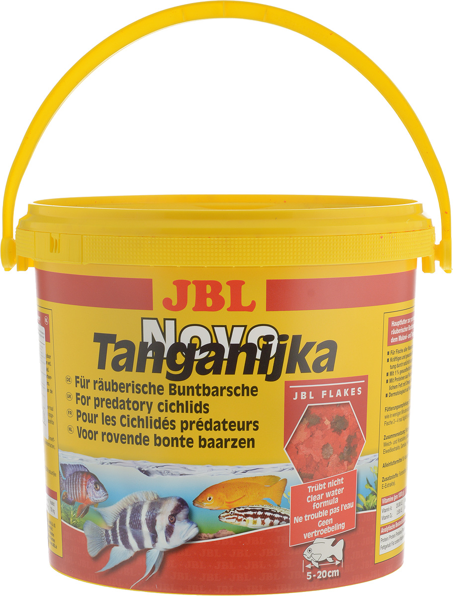 Корм JBL NovoTanganjika для хищных цихлид из озер Малави и Танганьика, в форме хлопьев, 5,5 л (950 г)0120710 Корм JBL NovoTanganjika для хищных цихлид из озер Малави и Танганьика, в форме хлопьев, 5,5 л (950 г)0120710JBL NovoTanganjika - профессиональный корм для хищных цихлид из озер Малави и Таньгаика. Состав корма ориентирован на специфические питательные потребности данного вида рыб. Здоровый рост обеспечен использованием в корме высокоценного белка из рыбы, мелких креветок и других водяных животных, а также легко усваиваемого жира как носителя энергии. Ценные каротиноиды, жизненно важные витамины и природные вещества способствуют образованию естественной красивой окраски рыб и укрепляют иммунитет, чеснок также способствует укреплению здоровья.Рекомендации по кормлению:Два или три раза в день в том количестве, которое может быть съедено рыбами в течение нескольких минут. Мальков кормить чаще.Товар сертифицирован.
