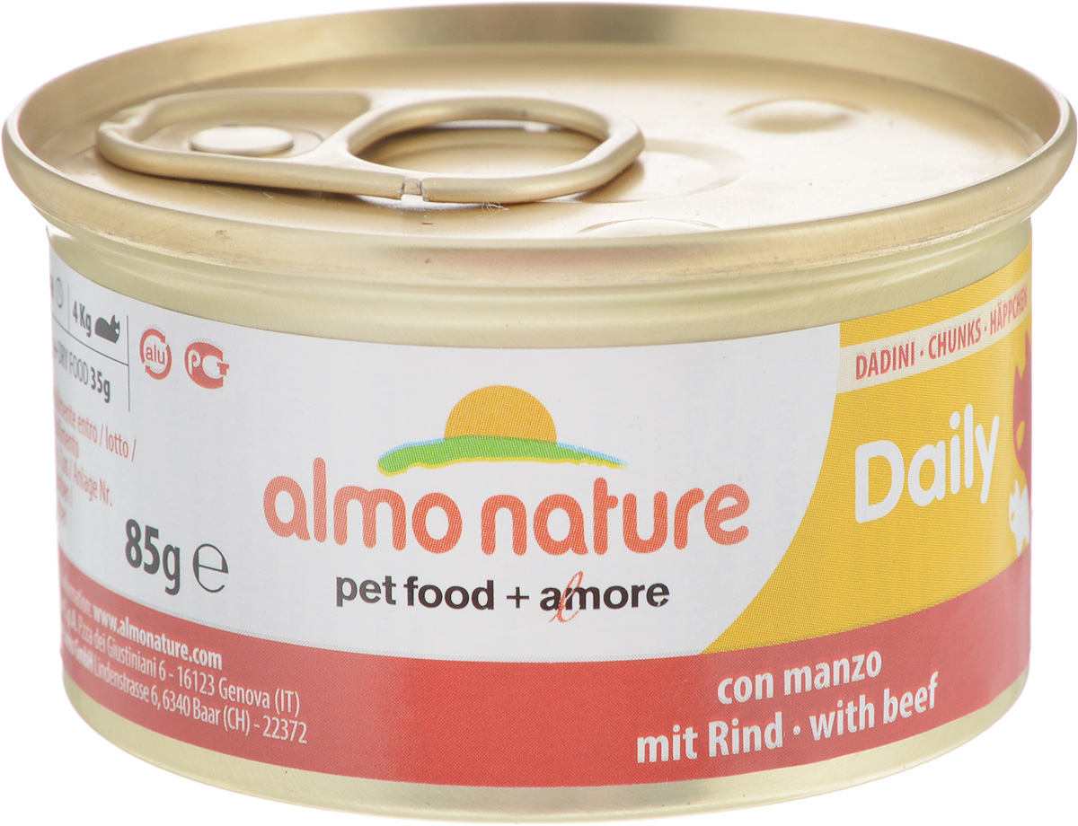 Консервы Almo Nature для кошек, с говядиной, 85 г0120710 Консервы Almo Nature для кошек, с говядиной, 85 г0120710Консервы для кошек Almo Nature сохраняют свежесть каждого кусочка. Корм изготовлен только из свежих высококачественных натуральных ингредиентов, что обеспечивает здоровье вашей кошки. Не содержит ГМО, антибиотиков, химических добавок, консервантов и красителей.Состав: мясо и его производные (говядина 4%), минералы, экстракт растительных волокон.Добавки: витамин A 1110 IU/кг, витамин D3 140 IU/кг, витамин E 10 мг/кг, таурин 410 мг/кг, сульфат меди пентагидрат 4,4 мг/кг (Cu 1,1 мг/кг).Пищевая ценность: белки 7,5%, клетчатка 0,1%, масла и жиры 4%, зола 2%, влажность 81%.Товар сертифицирован.