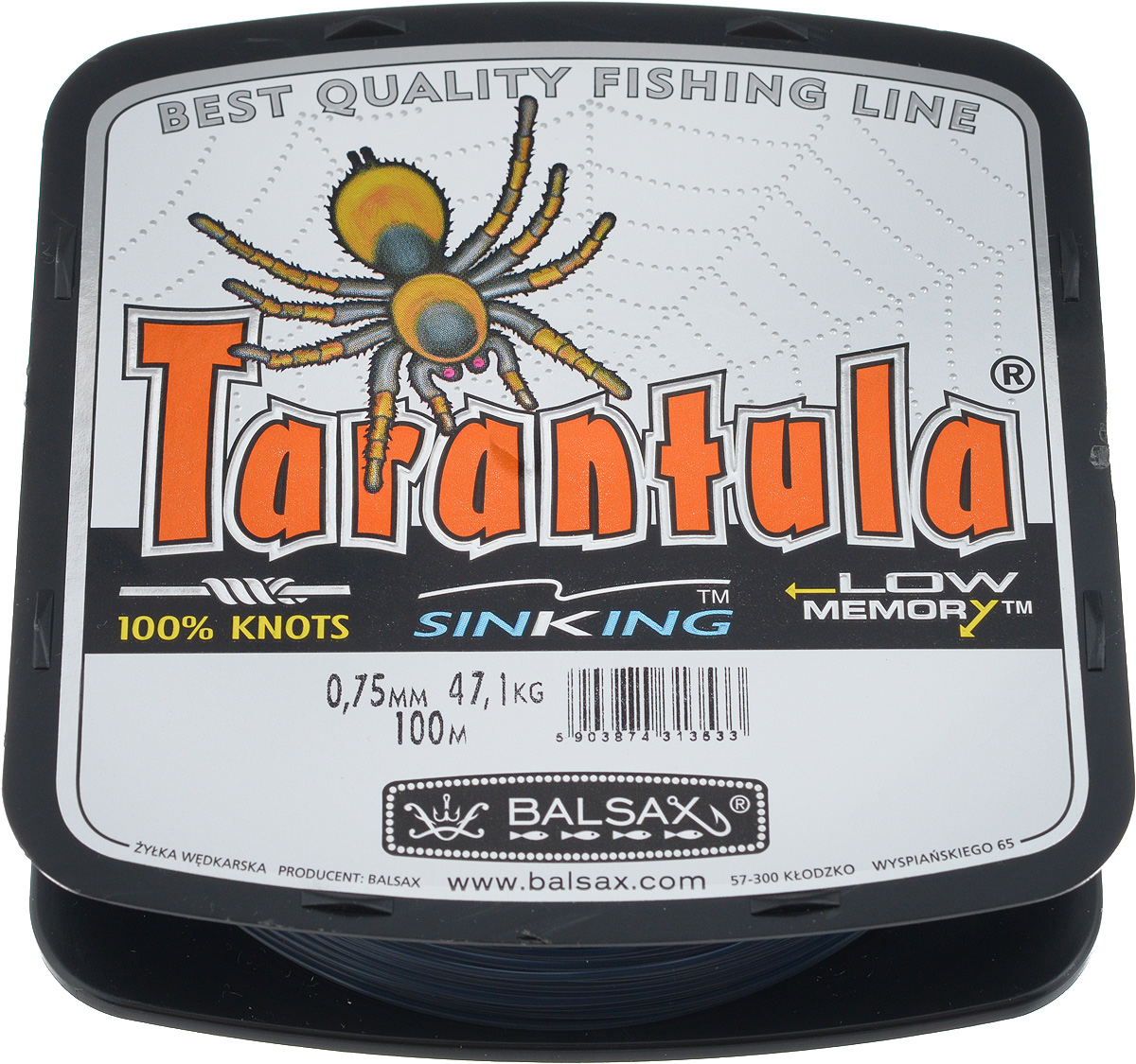 Леска Balsax Tarantula, 100 м, 0,75 мм, 47,1 кг304-09075 Леска Balsax Tarantula, 100 м, 0,75 мм, 47,1 кг304-09075Леска Balsax Tarantula выполнена из нейлоновой мононити. Новая молекулярная структура лески отличается повышенной сопротивляемостью к разрыву, но при этом она способна и растягиваться. Растяжимость в случае применения этой лески является отличным достоинством, особенно во время энергичной борьбы с рыбой, как амортизатор защищая оснастку от обрыва.
