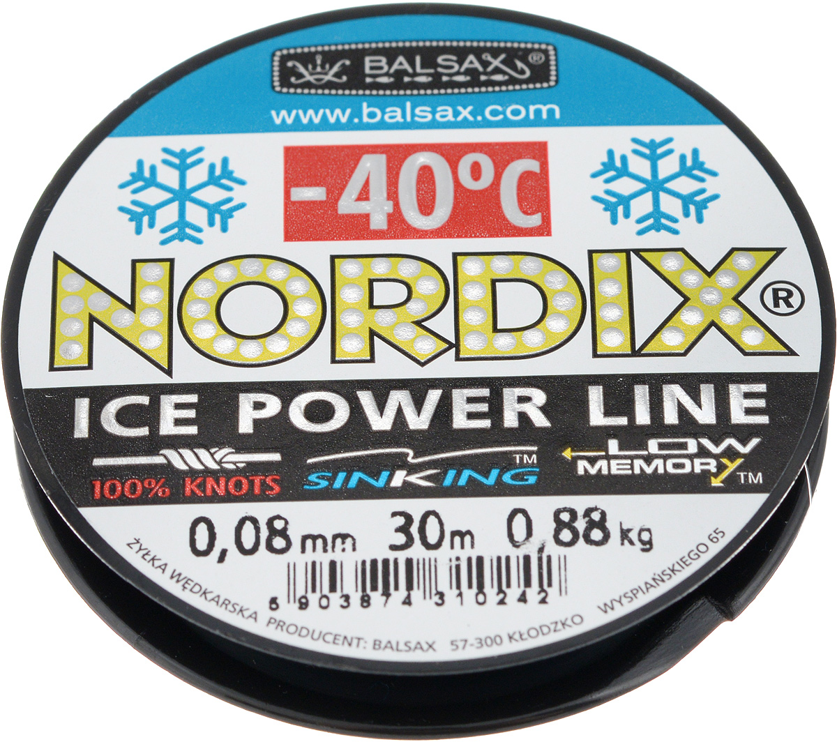 Леска зимняя Balsax Nordix, 30 м, 0,08 мм, 0,88 кг010-01199-23 Леска зимняя Balsax Nordix, 30 м, 0,08 мм, 0,88 кг010-01199-23Леска Balsax Nordix изготовлена из 100% нейлона и очень хорошо выдерживает низкие температуры. Даже в самом холодном климате, при температуре вплоть до -40°C, она сохраняет свои свойства практически без изменений, в то время как традиционные лески становятся менее эластичными и теряют прочность.Поверхность лески обработана таким образом, что она не обмерзает и отлично подходит для подледного лова. Прочна в местах вязки узлов даже при минимальном диаметре.