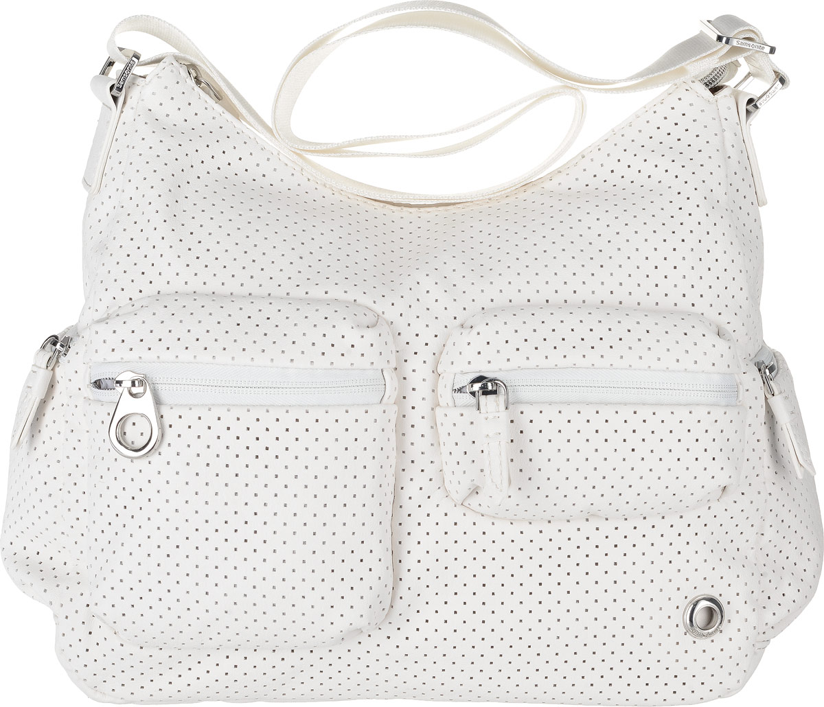 Сумка женская Samsonite, цвет: белый. 93V-05006S76245 Сумка женская Samsonite, цвет: белый. 93V-05006S76245Женская сумка Samsonite изготовлена из полиуретана и оформлена металлической фурнитурой. Изделие содержит одно основное отделение, закрывающееся на застежку-молнию. Внутри отделения расположены два накладных кармашка для мелочей и врезной карман на молнии. Лицевая сторона сумки дополнена двумя объемными кармашками, каждый из которых закрывается на молнию. На задней стороне расположен карман на застежке-молнии. По бокам изделия расположены два прорезных кармашка на застежках-молниях. Сумка оснащена наплечным ремнем регулируемой длины.