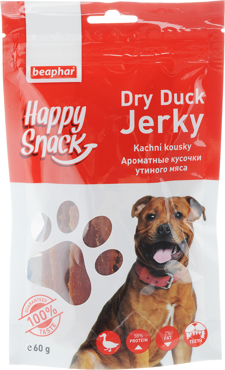 Лакомство для собак Beaphar Happy Snack, ароматные кусочки утиного мяса, 60 г101246 Лакомство для собак Beaphar Happy Snack, ароматные кусочки утиного мяса, 60 г101246Лакомство для собак Beaphar Happy Snack - дополнительный корм для взрослых собак старше 6-месячного возраста в виде сушеных кусочков утиного мяса. Продукт станет излюбленным лакомством, а также прекрасным вознаграждением при дрессуре. Специальный замок zip-lock на упаковке позволяет дольше хранить лакомство. Товар сертифицирован.