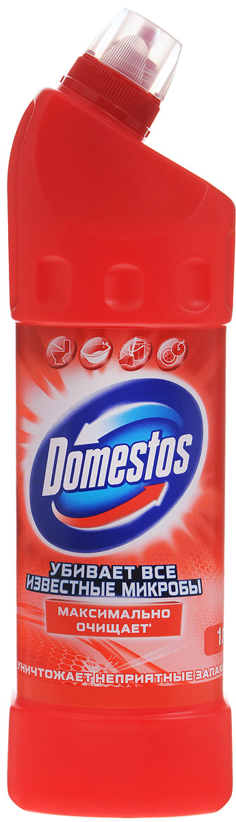 Универсальное чистящее средство Domestos Фруктовая свежесть, 1 л391602 Универсальное чистящее средство Domestos Фруктовая свежесть, 1 л391602Универсальное чистящее средство Domestos Фруктовая свежесть подходит для уборки раковин и ванн, кафеля, пола, унитаза, сливов и водостоков на кухне и в ванной. Чистит, дезинфицирует и отбеливает, уничтожает все микробы в доме. Ежедневное применение обеспечит круглосуточную защиту от летающих микробов в туалете. Густая активная формула позволяет средству дольше оставаться на стенках унитаза, продолжая уничтожать микробы. Domestos удаляет грязь и убивает все известные микробы даже под водой. Среди средств для туалетов Domestos - бесспорный лидер, благодаря густой формуле и удобной форме бутылки. Domestos универсален. Нельзя забывать, что гигиена важна не только в туалете, но и в ванной. Влага и тепло - идеальные условия для размножения бактерий, грибка, плесени. Объем: 1 л. Товар сертифицирован.
