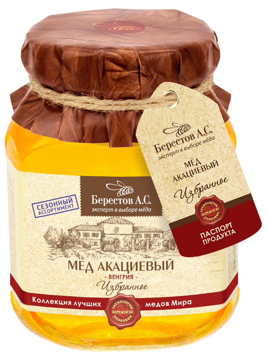 Берестов Мед Акациевый, 500 г0120710 Берестов Мед Акациевый, 500 г0120710Для сезонной коллекции Избранное экспертами отобраны исключительно редкие и уникальные, обладающие неповторимым характером и многогранным вкусом сорта меда из разных уголков земли. Каждый урожай меда сезонной коллекции неповторим, поэтому партии такого меда ограничены в количестве. На Берестовской фабрике натуральных продуктов бережно упаковывают мед холодным методом, который позволяет сохранять 100% биологических свойств продукта. Акациевый мёд - один из самых ценных сортов мёда, он славится своей прозрачностью и неповторимым цветочным ароматом. Этот сорт кристаллизуется медленнее остальных и долгое время сохраняет первоначальную жидкую консистенцию. Кроме того, мёд акации обладает множеством полезных свойств и широко применяется как в кулинарии, так и в медицине.Вкус и аромат: Акациевый мед, это мед с элегантным цветом Шампань - светло-желтый и кристально прозрачный. Нежный и легкий вкус, напоминающий выдержанное шампанское с оттенком печеных яблок и теплым послевкусием. Тонкий грушево-яблоневый аромат с пикантным оттенком дюшеса и мяты.Лечебные свойства: Народная медицина облюбовала этот уникальный продукт за пользу в лечении глазных болезней. На его основе делают капли, которые способны не только излечить от глаукомы, катаракты, повысить остроту зрения, но и в профилактических целях для тех, кто постоянно работает на компьютере. В нём в высокой концентрации присутствуют витамины группы В, а также витамины С, Н, А и РР. Кроме того, акациевый мёд содержит микроэлементы, необходимые для здоровья человека: магний, кальций, калий, натрий, сера, фосфор, селен, марганец, фтор, цинк, железо, йод и кобальт, благодаря чему мед акациевый помогает повышать сопротивляемость организма инфекциям, укреплять иммунитет, нейтрализовать вред, наносимый неблагополучной экологической обстановкой.