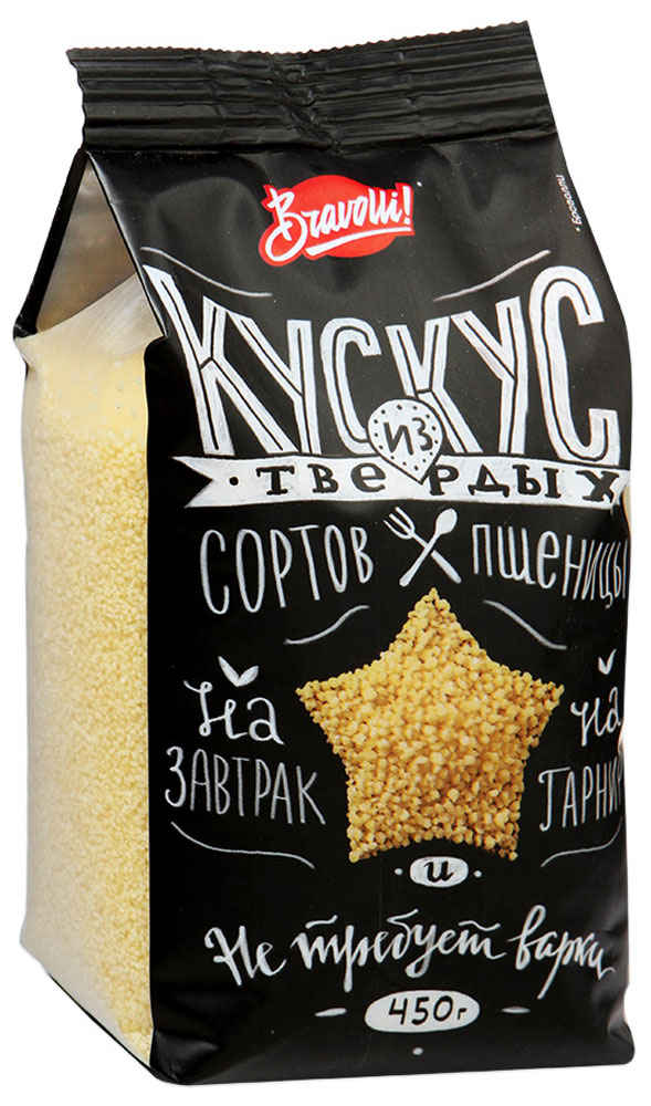 Bravolli Кускус, 450 г0120710 Bravolli Кускус, 450 г0120710Кускус Bravolli - отличный вариант для приготовления быстрого и вкусного гарнира: достаточно залить его кипятком. Эта крупа из твердых сортов пшеницы подходит для приготовления и основных блюд, и для начинки при фаршировке. А если добавить к кускусу орехи, свежие фрукты, изюм, миндаль, курагу и мед, получится прекрасный десерт. А на завтрак вы можете быстро приготовить молочную кашу из кускуса, залив его горячим молоком.