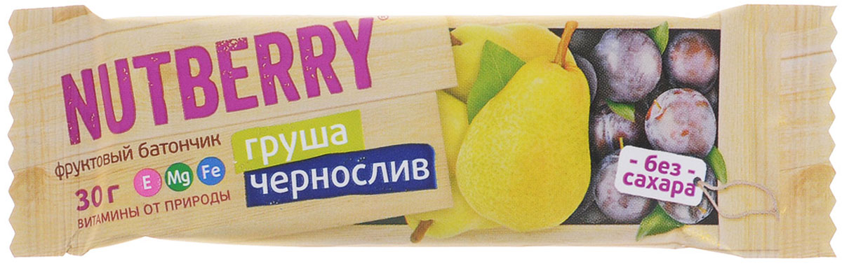 Nutberry Витафрут батончик фруктовый с грушей и черносливом, 30 г0120710 Nutberry Витафрут батончик фруктовый с грушей и черносливом, 30 г0120710Фруктовый батончик Nutberry Витафрут. Груша с черносливом - полезный и натуральный снек. Сладкая сочная груша и ароматный чернослив вместе дают неповторимый вкус блаженства. С батончиком Nutberry Груша и чернослив вы попадаете в сладкую сказку, где волшебные обволакивающие запахи фруктов так и манят съесть еще один батончик.Фруктовые батончики Nutberry - натурально, вкусно, с заботой о вас. Груша и чернослив справится с голодом в два счета. Любой перекус станет и вкусным и полезным. С утренним кофе, с обеденным чаем, со свежевыжатым соком фруктовый батончик станет незаменимым составляющим вашего рациона.Nutberry изготавливаются только из натуральных спрессованных фруктов и содержат естественные фруктовые сахара! При производстве в продукт не добавляются фруктоза, сахар и другие сахаросодержащие продукты. Эти фруктовые батончики абсолютно безопасны, не содержат ароматизаторов и красителей.