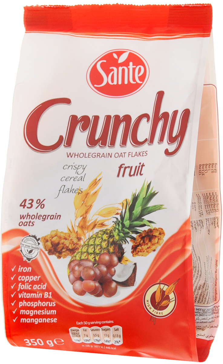 Sante Crunchy хрустящие овсяные хлопья с фруктами, 350 г0120710 Sante Crunchy хрустящие овсяные хлопья с фруктами, 350 г0120710Хрустящие овсяные хлопья с фруктами Sante Crunchy - это питательная смесь хрустящих, золотистых, нежно обжаренных овсяных хлопьев.Продукт обеспечивает сбалансированное питание за счет полезных ингредиентов: белок, клетчатка, растительные жиры с высоким содержанием полезных жирных кислот, витаминов, микро- и макроэлементов, которые помогают поддерживать энергию и тонус в течение всего дня.Основной элемент Crunchy - это цельнозерновой овес, который имеет более высокую питательную ценность по сравнению с другими злаками, такими как пшеница и рожь. Зерно овса богато белком, незаменимыми аминокислотами (особенно лизином, который отсутствует в других зерновых). Содержание фосфора, меди и фолиевой кислоты способствует укреплению костей и зубов. Медь также улучшает процесс обмена веществ, а фолиевая кислота способствует правильному функционированию иммунной системы.Способ приготовления: достаточно добавить молоко, кефир, сок или йогурт, и ваш завтрак (полдник, легкий ужин) готов. Уважаемые клиенты! Обращаем ваше внимание, что полный перечень состава продукта представлен на дополнительном изображении.