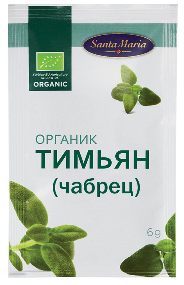 Santa Maria Тимьян (чабрец) Органик, 6 г0120710 Santa Maria Тимьян (чабрец) Органик, 6 г0120710Пряности Santa Maria Органик выращены в естественных условиях без использования химических удобрений и пестицидов.Тимьян (чабрец) придает великолепный вкусовой нюанс тушеному мясу, гороховому супу, печени, маринадам, а также блюдам из рыбы и томатов.