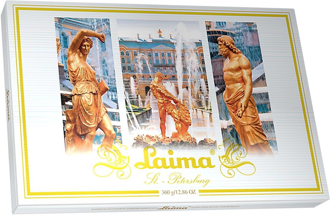 Laima Петергоф Ассорти конфет в темном шоколаде, 360 г0120710 Laima Петергоф Ассорти конфет в темном шоколаде, 360 г0120710Ассорти конфет в темном шоколаде: 4 разные формы с 3 начинками - молочный крем, крем-какао, крем-ирис-тоффи.