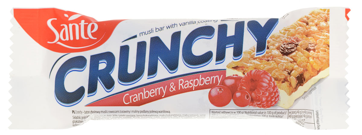 Sante Crunchy батончик мюсли с клюквой и малиной в ванильной глазури, 40 г0120710 Sante Crunchy батончик мюсли с клюквой и малиной в ванильной глазури, 40 г0120710Хрустящие батончики имеют отличный вкус и питательные свойства. Батончики мюсли Crunchy с клюквой и малиной в ванильной глазури изготавливаются из натуральных ингредиентов (таких как овсяные хлопья, клюква, малина, кокосовые хлопья) и вкусной белой глазури. Эти батончики - отличная альтернатива калорийным шоколадным батончикам. Батончики Crunchy – это хороший перекус на работе или во время прогулки. Идеально подходит для перекуса между приемами пищи. Уважаемые клиенты! Обращаем ваше внимание, что полный перечень состава продукта представлен на дополнительном изображении. Упаковка может иметь несколько видов дизайна. Поставка осуществляется в зависимости от наличия на складе.