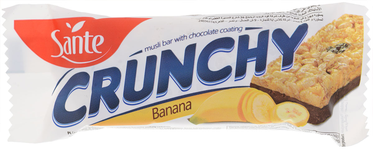 Sante Crunchy батончик мюсли с бананом в шоколаде, 40 г0120710 Sante Crunchy батончик мюсли с бананом в шоколаде, 40 г0120710Хрустящие батончики имеют отличный вкус и питательные свойства. Батончики мюсли Crunchy с клюквой и малиной в ванильной глазури изготавливаются из натуральных ингредиентов (таких как овсяные хлопья, клюква, малина, кокосовые хлопья) и вкусной белой глазури. Эти батончики - отличная альтернатива калорийным шоколадным батончикам. Батончики Crunchy – это хороший перекус на работе или во время прогулки. Идеально подходит для перекуса между приемами пищи. Уважаемые клиенты! Обращаем ваше внимание, что полный перечень состава продукта представлен на дополнительном изображении. Упаковка может иметь несколько видов дизайна. Поставка осуществляется в зависимости от наличия на складе.