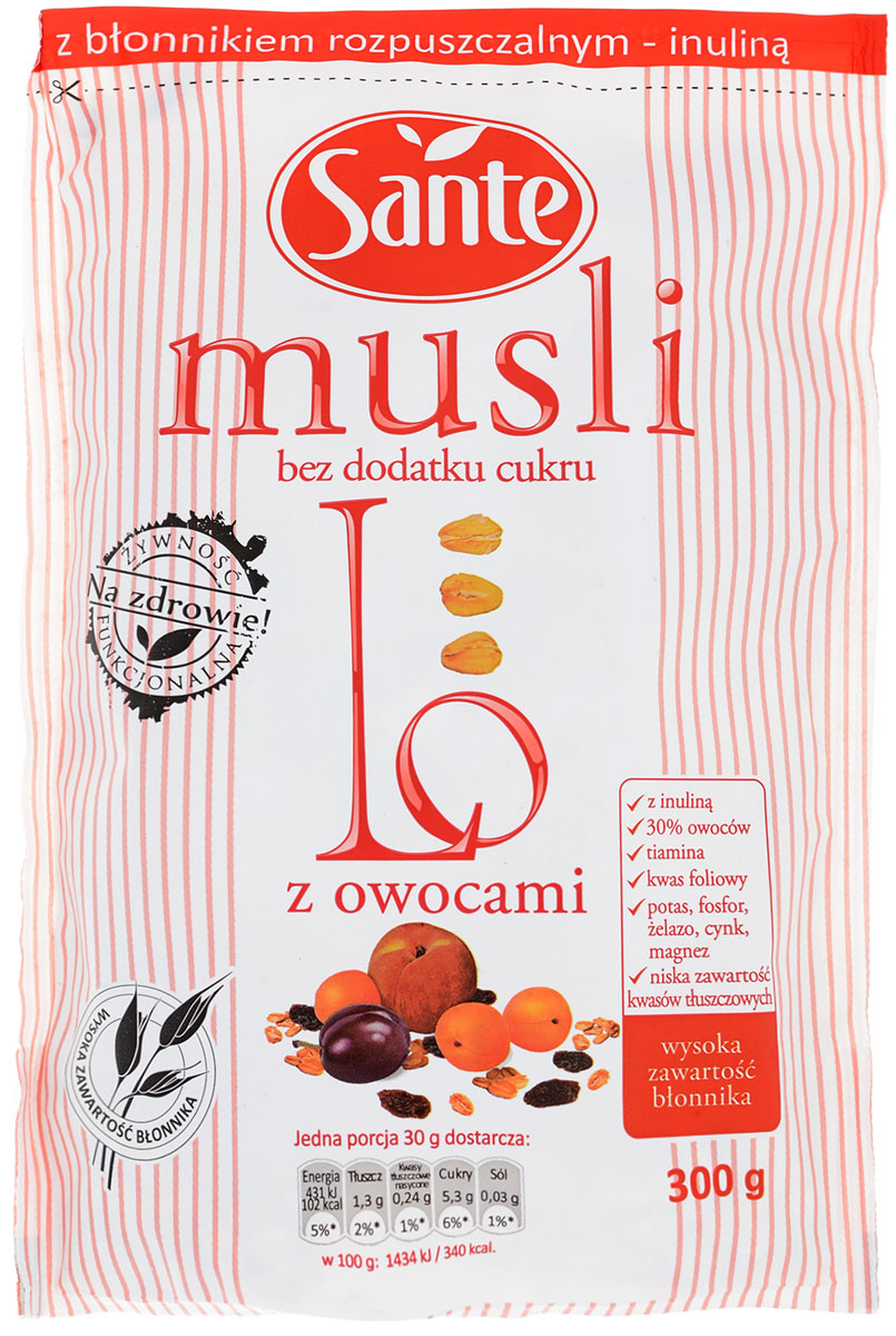 Sante Lo мюсли без сахара с инулином и фруктами, 300 г0120710 Sante Lo мюсли без сахара с инулином и фруктами, 300 г0120710Мюсли Ло от Sante – это новый вид мюсли без добавления сахара, разработанный с целью удовлетворить ожидания наших потребителей, особенно тех, кто следит за своим весом и здоровым и активным образом жизни. Мюсли Lo с фруктами – это более 60% овсяных хлопьев и 30% фруктов в составе. Мюсли Ло являются источником тиамина, фолиевой кислоты, фосфора, калия, железа, цинка, магния.Уважаемые клиенты! Обращаем ваше внимание, что полный перечень состава продукта представлен на дополнительном изображении.