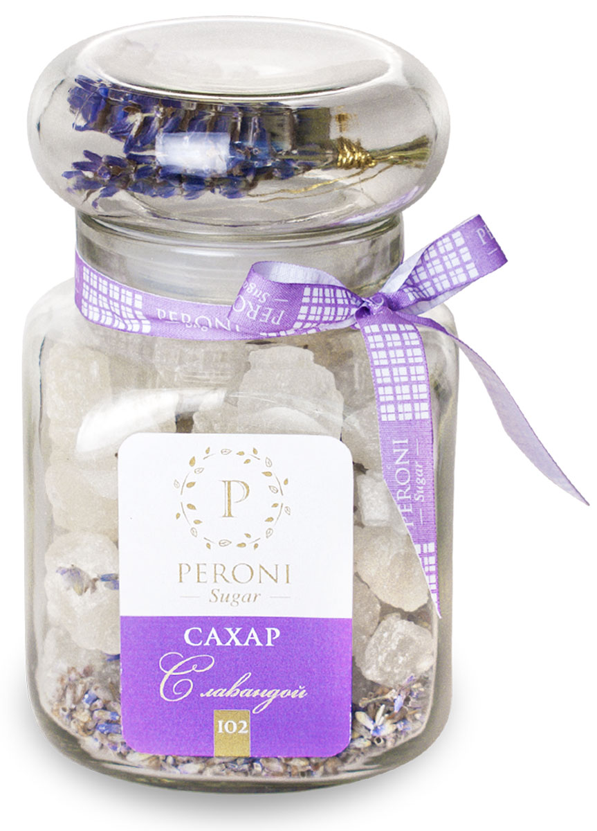Peroni Сахар с лавандой, 340 г0120710 Peroni Сахар с лавандой, 340 г0120710Нежно пахнущая лаванда с давних пор известна как ароматическое, лекарственное растение. Аромат лаванды дарит чувство душевного равновесия и гармонии. Сахар с лавандой придаст неповторимый аромат любому чаю и добавит изысканности вашим блюдам.