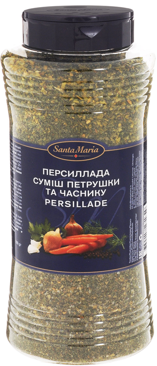 Santa Maria Приправа Персиллада, 760 г17164 Santa Maria Приправа Персиллада, 760 г17164Приправа Santa Maria Персиллада - это сбалансированная смесь соли, чеснока и петрушки. Часто используется вместо соли при приготовлении.Подходит для блюд из рыбы, курицы, мяса, фарша, овощей, макаронных изделий и морепродуктов, супов, салатов, соусов.