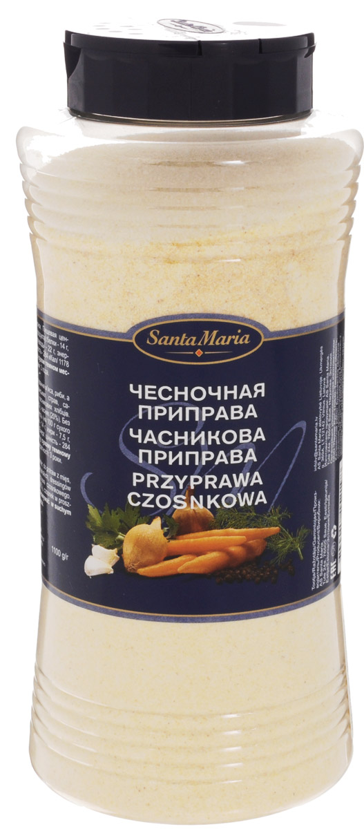 Santa Maria Чесночная приправа, 1,1 кг0120710 Santa Maria Чесночная приправа, 1,1 кг0120710Чесночная приправа Santa Maria имеет мягкий вкус и аромат чеснока. Подходит для приготовления мясных, рыбных и вегетарианских блюд, салатных соусов.