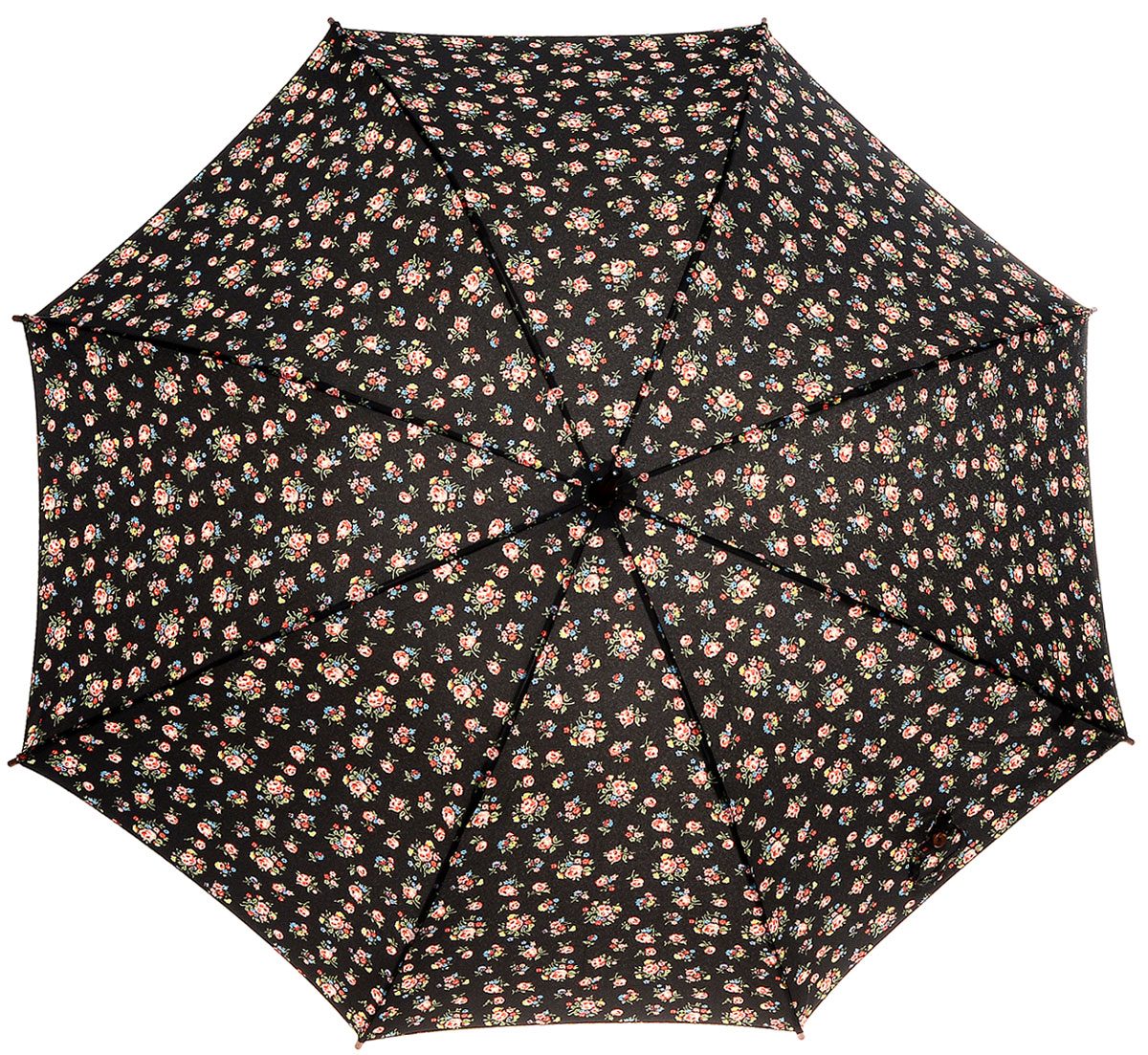 Зонт-трость женский Cath Kidston Kensington, механический, цвет: черный. L541-2652CX1516-50-10 Зонт-трость женский Cath Kidston Kensington, механический, цвет: черный. L541-2652CX1516-50-10Яркий механический зонт-трость Cath Kidston Kensington даже в ненастную погоду позволит вам оставаться стильной и элегантной. Каркас зонта включает 8 спиц из фибергласса с деревянным наконечниками. Стержень изготовлен из дерева. Купол зонта выполнен из износостойкого полиэстера и оформлен мелким цветочным принтом. Изделие дополнено удобной рукояткой из гладкого дерева.Зонт механического сложения: купол открывается и закрывается вручную до характерного щелчка. Модель дополнительно застегивается с помощью двух хлястиков: на кнопку и липучку с декоративной пуговицей.Такой зонт не только надежно защитит вас от дождя, но и станет стильным аксессуаром, который идеально подчеркнет ваш неповторимый образ.