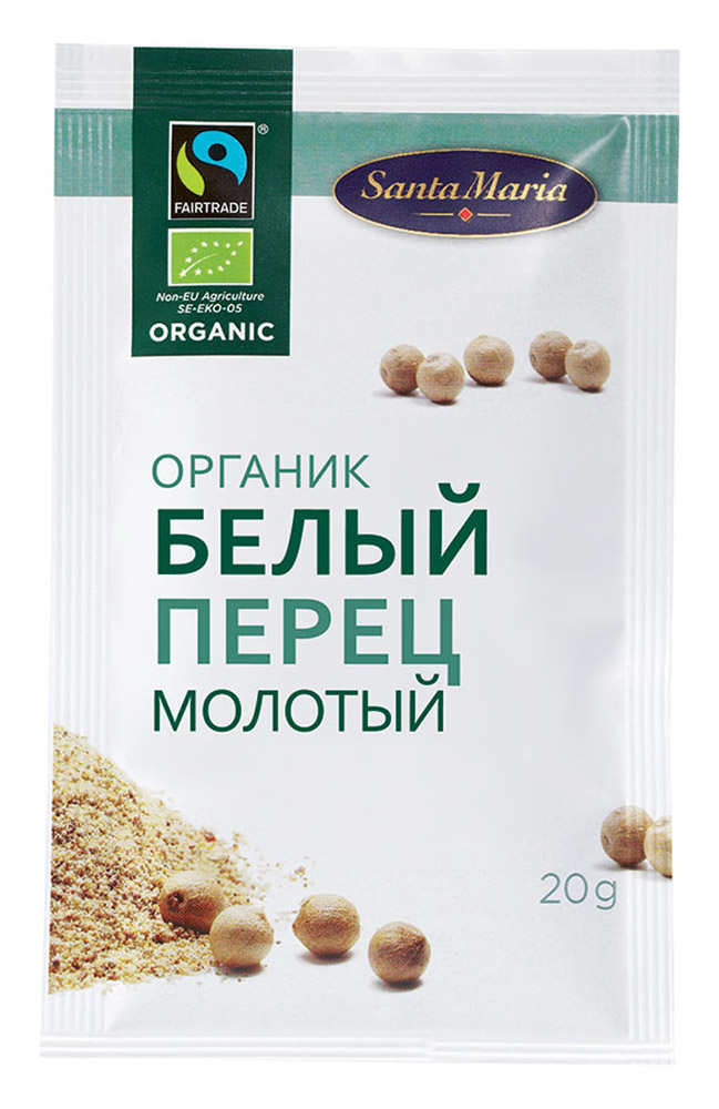 Santa Maria Белый перец молотый Органик, 20 г0120710 Santa Maria Белый перец молотый Органик, 20 г0120710По сравнению с черным перцем, аромат белого перца более тонкий, довольно сильный, насыщенный. Вкус менее жгучий, чем у черного. Белый перец используется для приготовления блюд из отварного и тушеного мяса, рыбы и морепродуктов. Добавляется в выпечку, сладкие кондитерские изделия и соусы. Пряности Santa Maria Organic выращены в естественных условиях без использования химических удобрений и пестицидов.