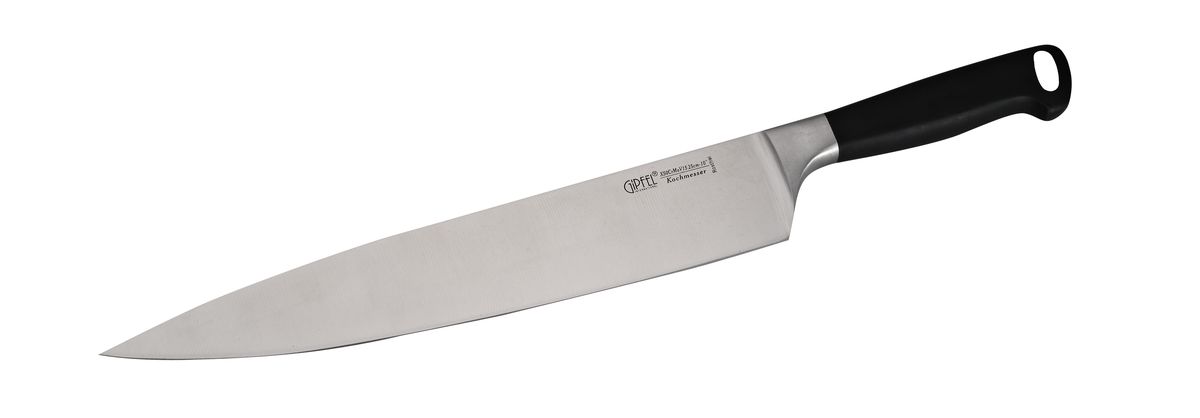 Нож поварской Gipfel Professional Line, длина лезвия 26 смFS-91909 Нож поварской Gipfel Professional Line, длина лезвия 26 смFS-91909Компания Gipfel использует для производства кухонных ножей высокоуглеродистую легированную нержавеющую сталь (с повышенным содержанием углерода). Ножи из высокоуглеродистой нержавеющей стали относятся к ножам более высокого класса. Эти ножи сочетают в себе все самые лучшие свойства углеродистой и нержавеющей стали. Высокое содержание углерода способствует долгому сохранению заточки, а нержавеющая сталь обеспечивает устойчивость к коррозии и пятнообразованию. Ножи из высокоуглеродистой стали имеют в составе сплава дополнительные элементы, например, молибден, ванадий. Их наличие способствует увеличению твёрдости, времени сохранения заточки и режущей способности. Для производства кухонных ножей Gipfel используются две разновидности высокоуглеродистой стали - X30Cr13 и X50CrMoV15. Благодаря технологиям ножи Gipfel прекрасно держат заточку, не ржавеют, очень прочны и легки в использовании и уходе.