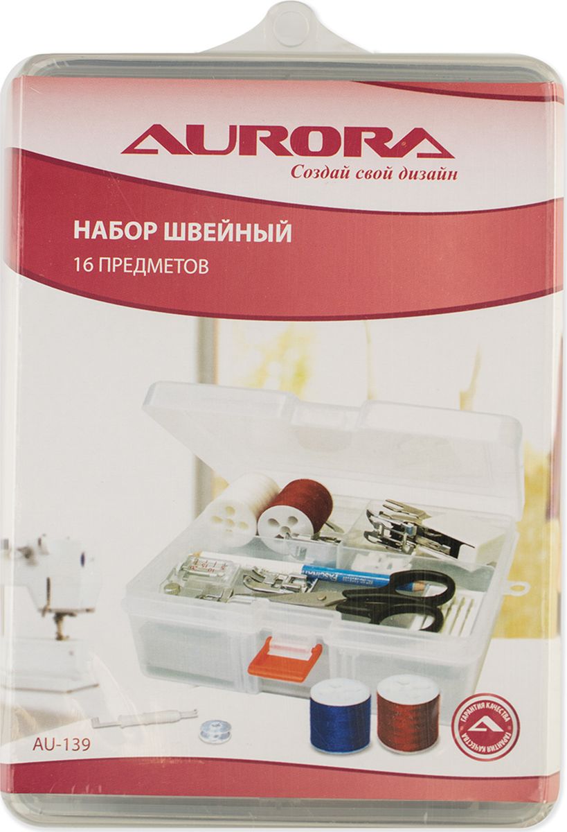 Набор швейный Aurora 16 предметовКАТ002МЕ Набор швейный Aurora 16 предметовКАТ002МЕНабор швейный 16 предметов.В набор входят:1. Ножницы для выполнения мелких работ и подрезки нитей;2. Карандаш 2-х цветный для нанесения разметки на ткань;3. Нитевдеватель для швейных машин и оверлоков;4. Иглы для швейной машины 5шт./упаковка: стандартные №№ 70-100;5. Набор шпулей для швейной машины, 5шт./упаковка;6. Нитка швейная, 200 м, цвет черный;7. Нитка швейная, 200 м, цвет белый;8. Нитка швейная, 200 м, цвет коричневый;9. Нитка швейная, 200 м, цвет синий;10. Нитка швейная, 200 м, цвет красный; 11. Лапка пластиковая для вшивания потайной молнии;12. Лапка шагающая, 7мм;13. Лапка тефлоновая;14. Лапка оверлочная;15. Лапка с линейкой;16. Лапка для трикотажа.