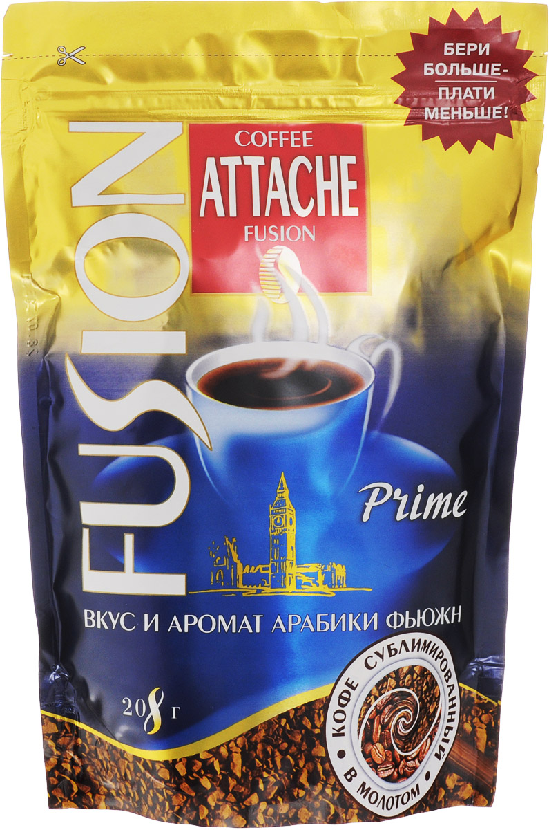 Attache Fusion Prime кофе растворимый, 208 г0120710 Attache Fusion Prime кофе растворимый, 208 г0120710Растворимый кофе Attache Fusion Prime - это уникальное слияние двух видов кофе - растворимого кофе и молотого. Уникальная технология напыления свежей натуральной Арабики тонкого помола на кристаллы растворимого кофе. В одном продукте скорость и удобство заваривания растворимого и живой аромат натурального кофе.