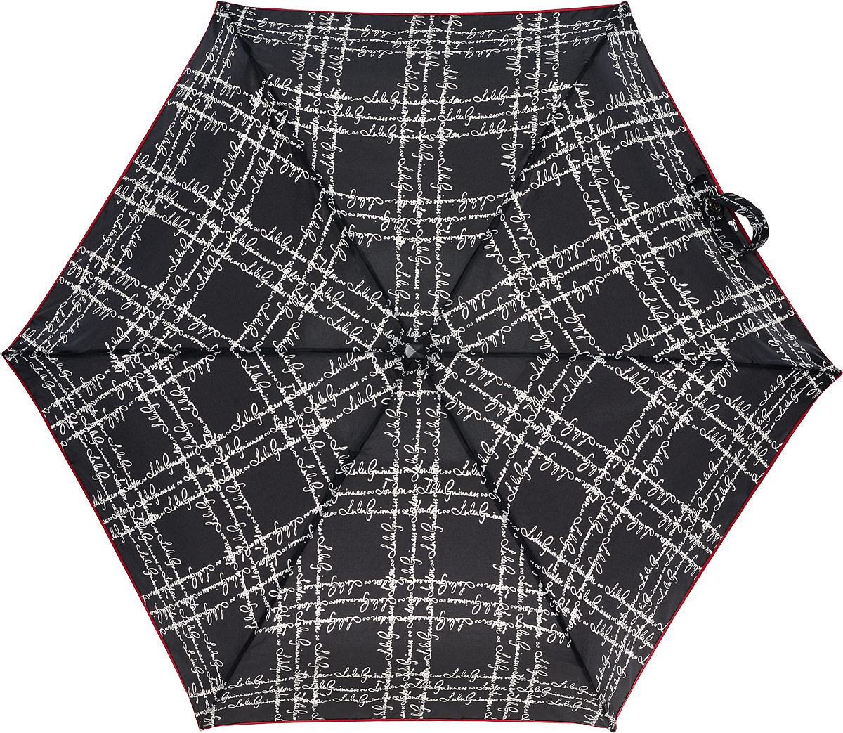 Зонт женский Lulu Guinness Tiny, механический, 5 сложений, цвет: черный, бежевый. L717-2404REM12-CAM-GREENBLACK Зонт женский Lulu Guinness Tiny, механический, 5 сложений, цвет: черный, бежевый. L717-2404REM12-CAM-GREENBLACKСтильный механический зонт Lulu Guinness Tiny в 5 сложений даже в ненастную погоду позволит вам оставаться элегантной. Облегченный каркас зонта выполнен из 6 спиц из фибергласса и алюминия, стержень также изготовлен из алюминия, удобная рукоятка - из пластика. Купол зонта выполнен из прочного полиэстера. В закрытом виде застегивается хлястиком на кнопке. Яркий оригинальный принт в виде надписей поднимет настроение в дождливый день.Зонт механического сложения: купол открывается и закрывается вручную до характерного щелчка.На рукоятке для удобства есть небольшой шнурок, позволяющий надеть зонт на руку тогда, когда это будет необходимо. К зонту прилагается чехол, который оформлен нашивкой с названием бренда. Такой зонт компактно располагается в кармане, сумочке, дверке автомобиля.