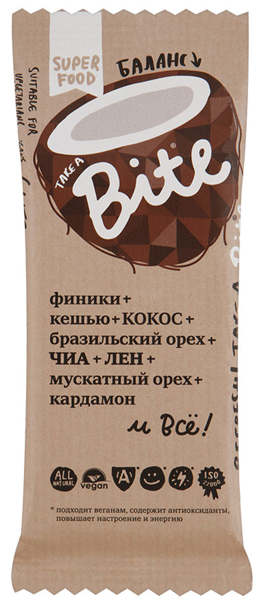 Take A Bite Кокос-Бразильский орех Баланс батончик фруктово-ореховый, 45 г0120710 Take A Bite Кокос-Бразильский орех Баланс батончик фруктово-ореховый, 45 г0120710Кокос бодрит! А в сочетании с бразильским орехом нормализует уровень сахара, поддерживает баланс жидкости в организме и приводит в норму обмен веществ. Баланс, гармония и бодрость - все вместе в батончике Take A Bite Баланс!Уважаемые клиенты! Обращаем ваше внимание, что полный перечень состава продукта представлен на дополнительном изображении.