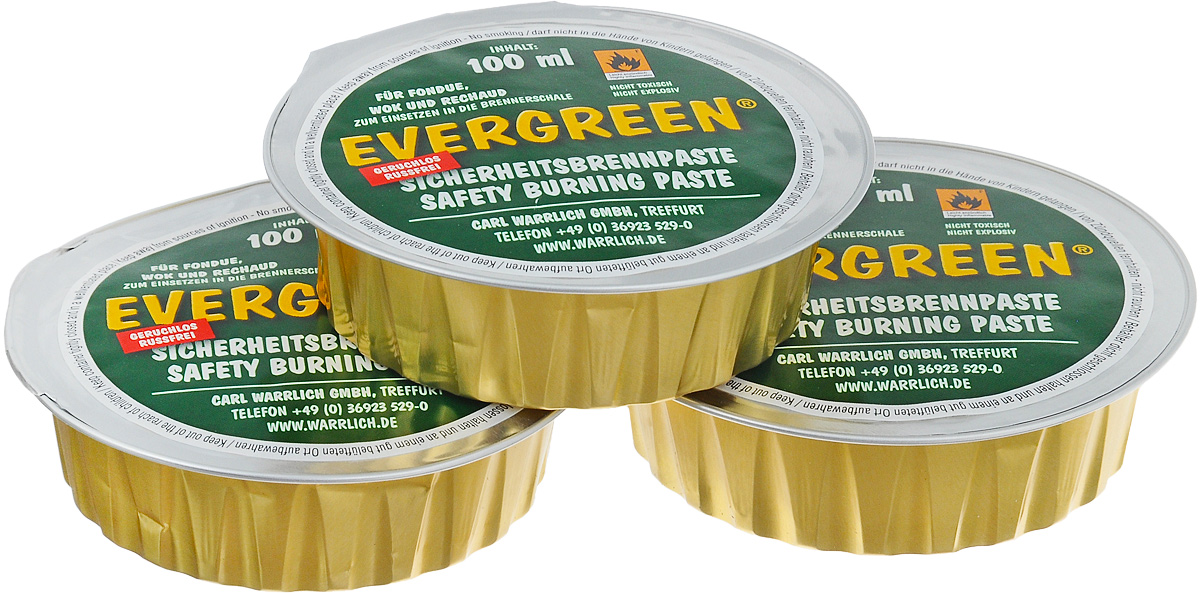 Горючее для фондю Carl Warrlich Evergreen, 3 х 100 млVT-1520(SR) Горючее для фондю Carl Warrlich Evergreen, 3 х 100 млVT-1520(SR)Горючее для фондю Carl Warrlich Evergreen - очень удобное средство и является источником тепла для приготовления фондю. Также заменяет средство для розжига для мангалов, грилей. Гель безопасен, не токсичен, горит без запаха и гари, безвреден для окружающей среды, он изготовлен на основе чистого этанола. Набор включает в себя три баночки с гелем, выполненные из алюминиевой фольги.Объем одной баночки с гелем: 100 мл.Количество баночек: 3 шт.