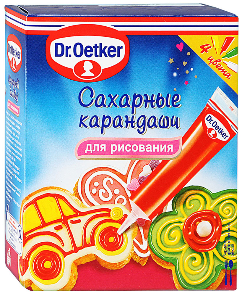 Dr.Oetker сахарные карандаши, 76 г0120710 Dr.Oetker сахарные карандаши, 76 г0120710Сахарными карандашами Dr.Oetker очень просто рисовать, особенно порадуются дети - они смогут придумать и приготовить вместе с мамой потрясающий десерт. Цветы, машинки, бабочки, домики, узоры, поздравительные надписи легко наносятся разноцветными карандашами на торт. Печенье, бисквиты и другие сладости.Уважаемые клиенты! Обращаем ваше внимание, что полный перечень состава продукта представлен на дополнительном изображении.