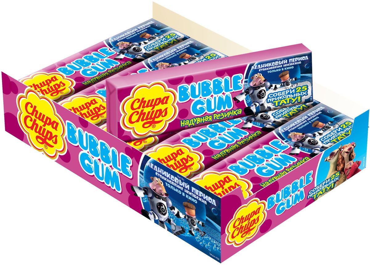 Chupa-Chups Babbly Gum Ледниковый Период-5 жевательная резинка, 24 шт по 21 г0120710 Chupa-Chups Babbly Gum Ледниковый Период-5 жевательная резинка, 24 шт по 21 г0120710Оригинальная жевательная резинка Chupa Chups Big Babol подарит вам незабываемые ощущения от яркого фруктового вкуса и огромные пузыри, которыми так любят баловаться взрослые и дети.Надуваемый пузырь настолько огромен, что может закрыть лицо от посторонних глаз.