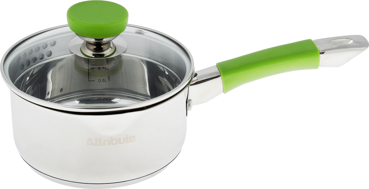 Ковш Attribute Lime с крышкой, 1,5 л54 009312 Ковш Attribute Lime с крышкой, 1,5 л54 009312Ковш Attribute Lime изготовлен из нержавеющей стали. Он прекрасно подходит для приготовления здоровой и диетической пищи, без лишнего жира. Пища не пригорает и не липнет к стенкам, равномерно приготавливается, сохраняя все полезные микроэлементы. Ручка выполнена из силикона и имеет отверстие для подвешивания.Крышка, выполненная из термостойкого стекла, позволит вам следить за процессом приготовления пищи. Крышка оснащена металлическим ободом и отверстием для выпуска пара, а также предусмотрен удобный слив. Внутренняя стенка ковша оснащена мерной шкалой, для определения количества жидкости.Изделие подходит для всех типов плит, и даже для индукционных. Можно мыть в посудомоечной машине.Высота стенки ковша: 8,2 см. Длина ручки: 17 см.